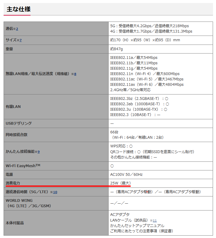 仕様最大消費電力-ドコモhome5G